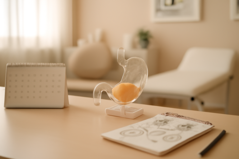 Anatomisch maagmodel met ballon naast een kalender van 12 maanden op een bureau