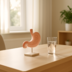 Medisch consultatieplek met maagmodel en glas water voor maagballon advies