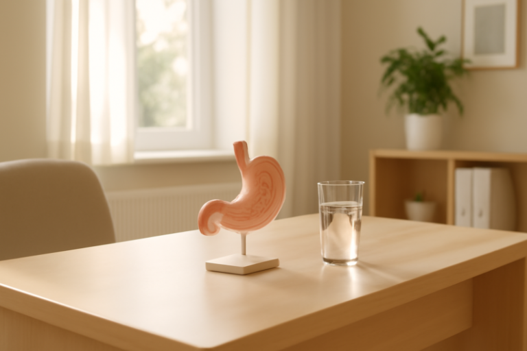 Medisch consultatieplek met maagmodel en glas water voor maagballon advies