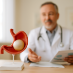 Arts toont model van maag met ballon tijdens een rustig consult in een moderne kliniek