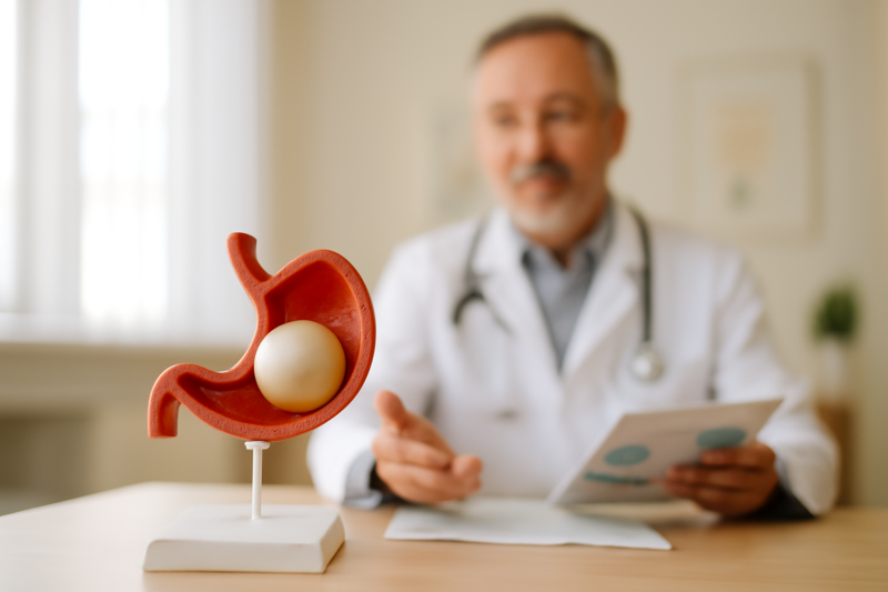 Arts toont model van maag met ballon tijdens een rustig consult in een moderne kliniek